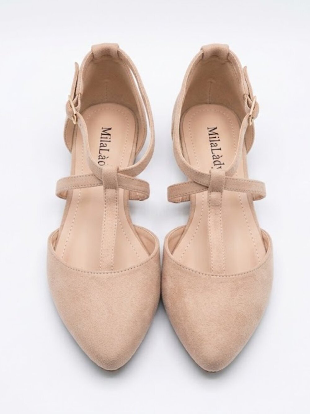 MilaLady Nude Suede T-Strap Pointed Toe Ankle Strap Flats Size 6.5